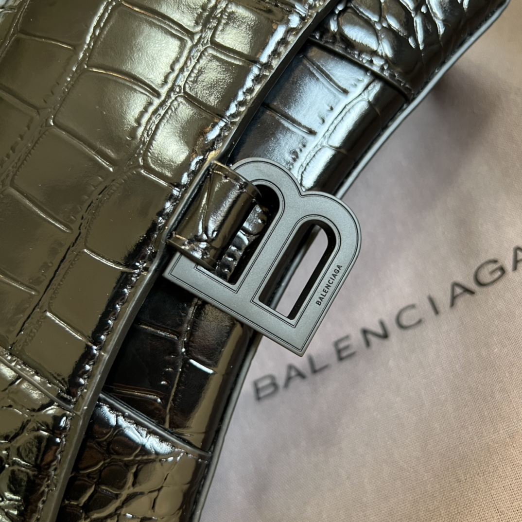 Bagsaaa Ba1en*iaga Hourglass XS Crocodile Embossed Black Hardware - 19*13*8cm
