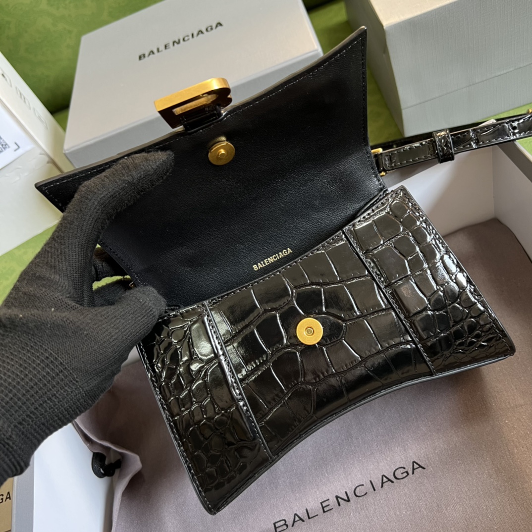 Bagsaaa Ba1en*iaga Hourglass XS Crocodile Embossed Gold Hardware - 19*13*8cm