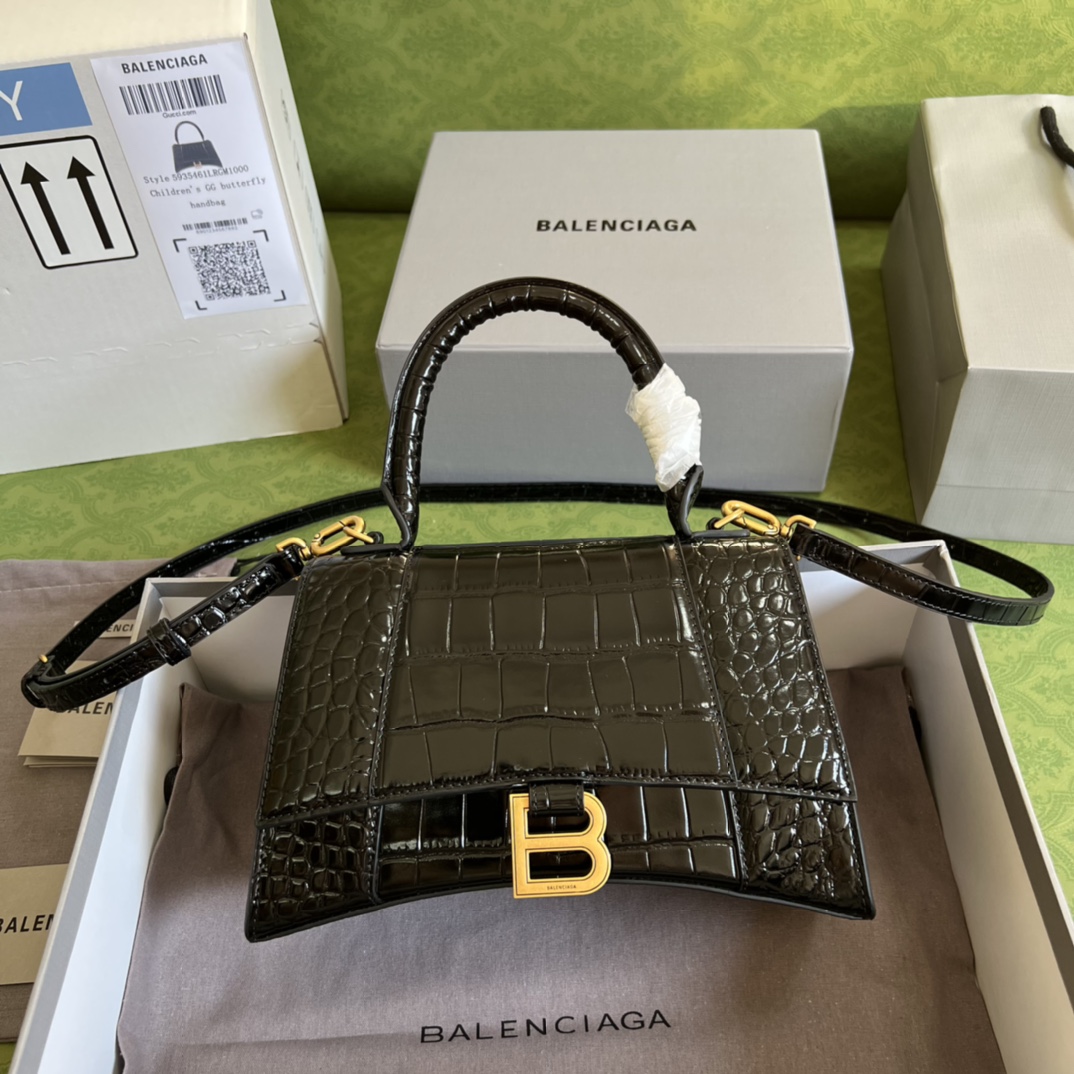 Bagsaaa Ba1en*iaga Hourglass Small Crocodile Embossed Gold Hardware - 22.5*14.5*10cm