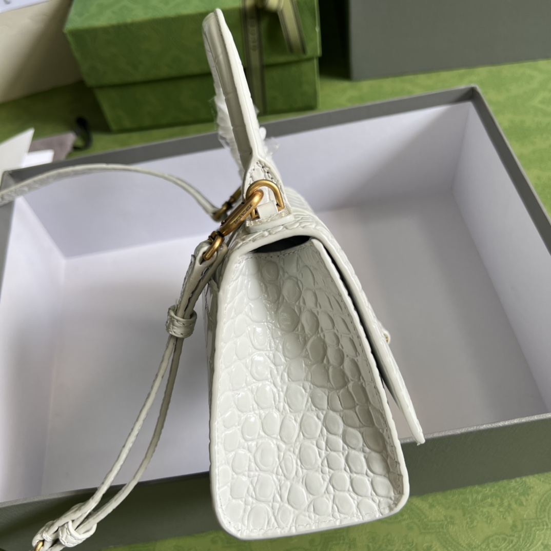 Bagsaaa Ba1en*iaga Hourglass XS Crocodile Embossed White Gold Hardware - 19*13*8cm