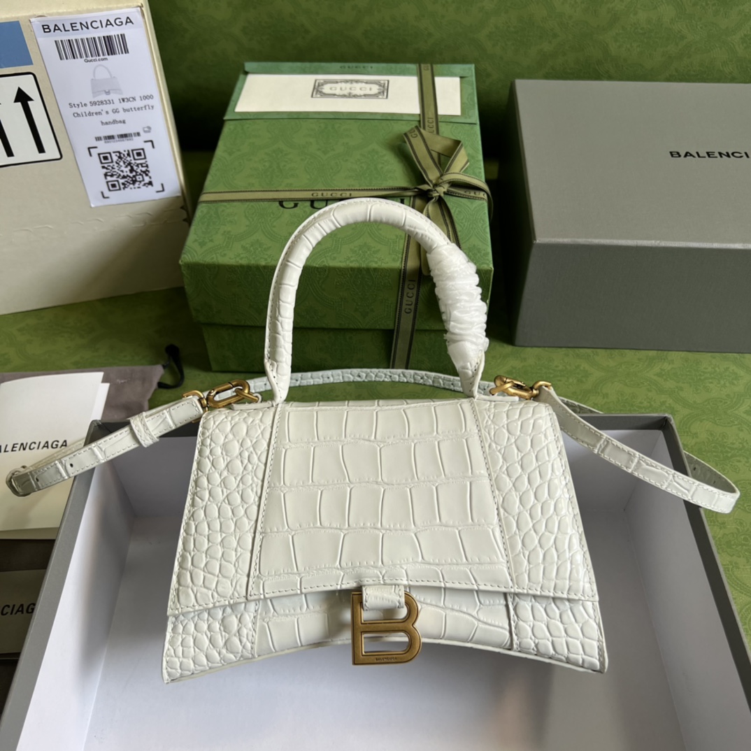 Bagsaaa Ba1en*iaga Hourglass Small Crocodile Embossed White Gold Hardware - 22.5*14.5*10cm