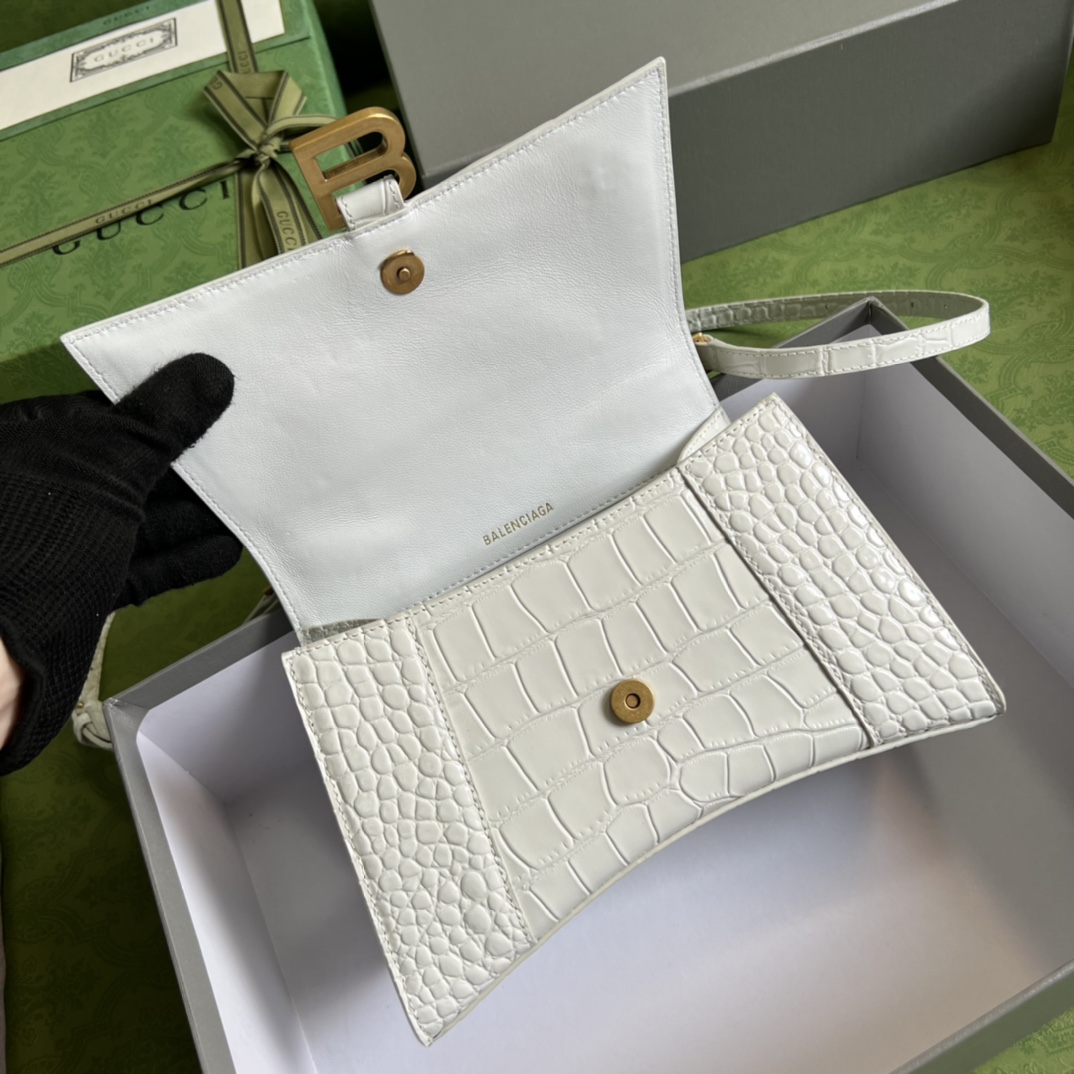 Bagsaaa Ba1en*iaga Hourglass Small Crocodile Embossed White Gold Hardware - 22.5*14.5*10cm