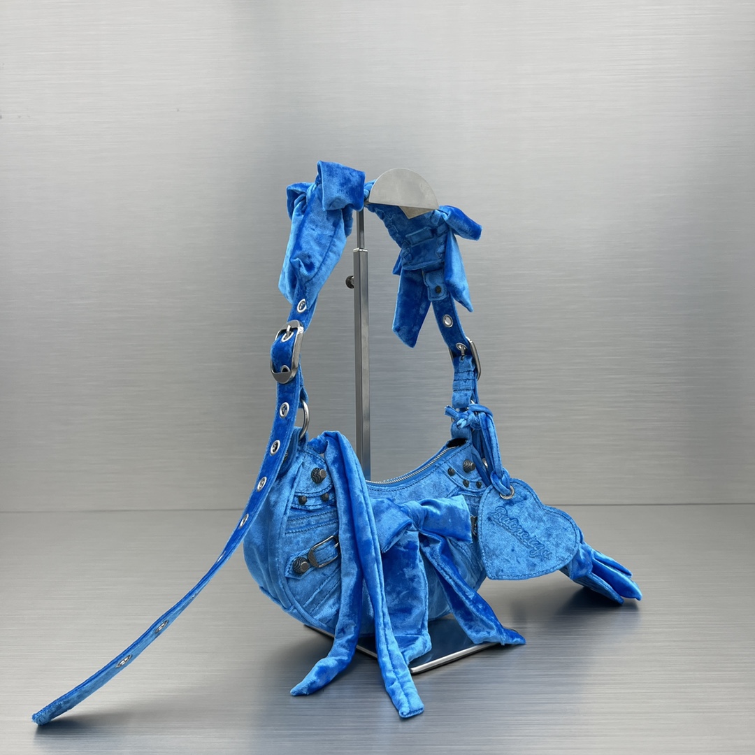 Bagsaaa Ba1en*iaga Le Cagole Velvet Blue Bag - 26X16X9.9cm