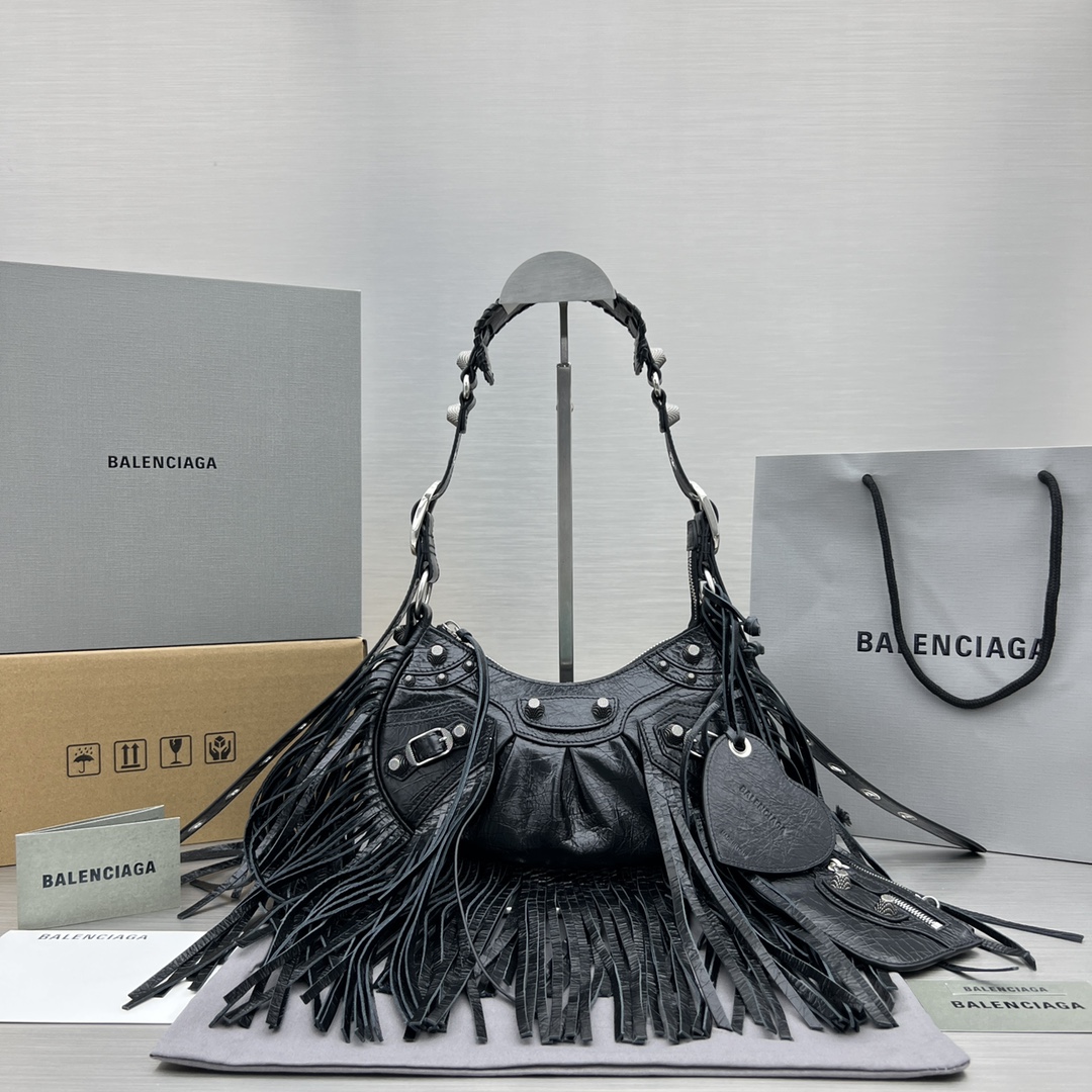 Bagsaaa Ba1en*iaga Fringle Le Cagole Black Bag - 26X16X9.9cm