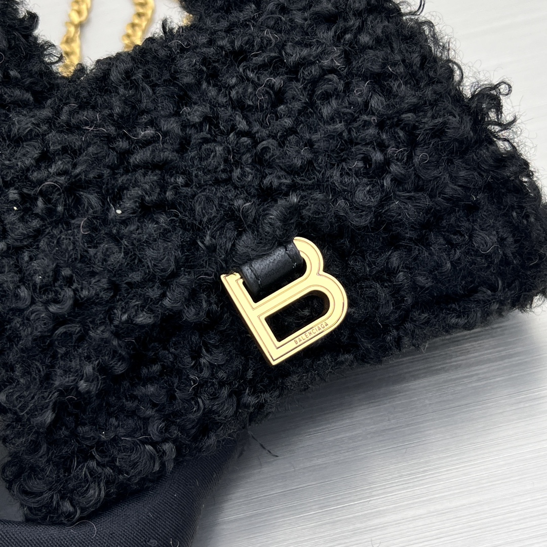 Bagsaaa Ba1en*iaga Mini Hourglass Furry Black Bag - 11.5x14x4.5cm