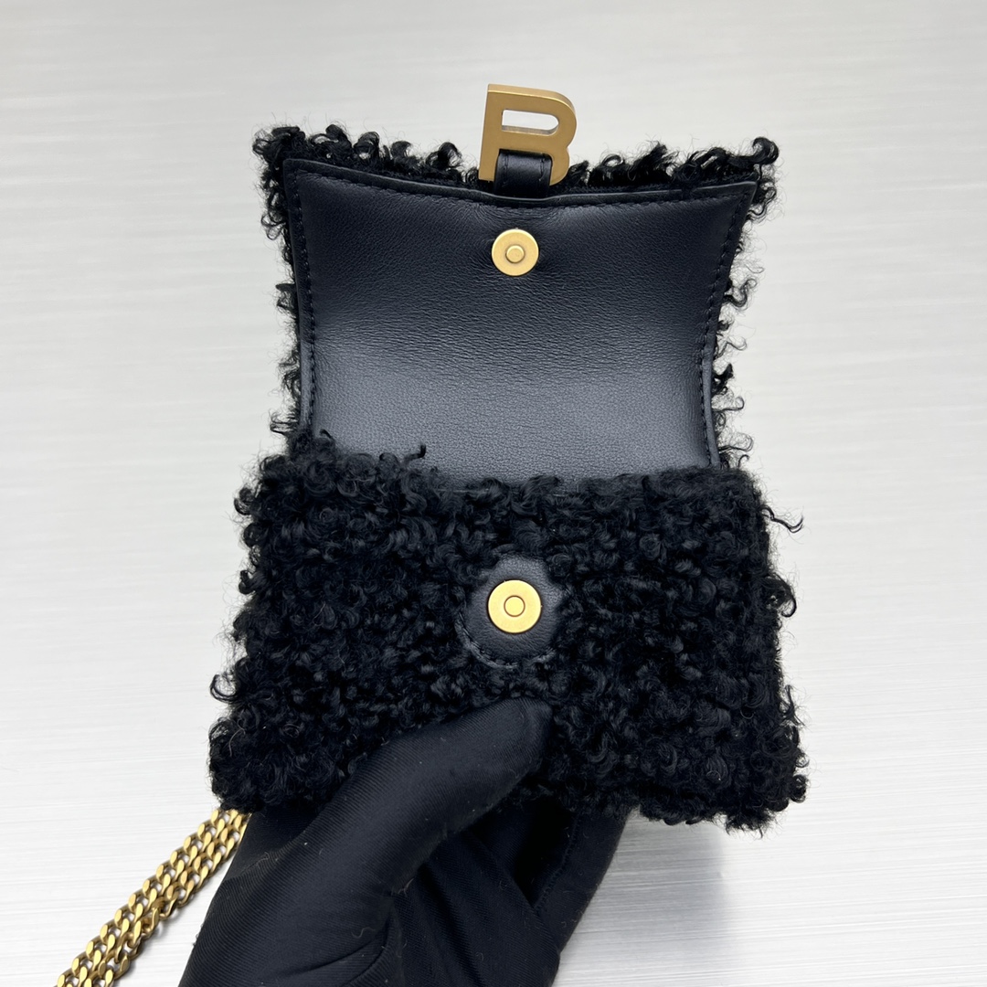 Bagsaaa Ba1en*iaga Mini Hourglass Furry Black Bag - 11.5x14x4.5cm