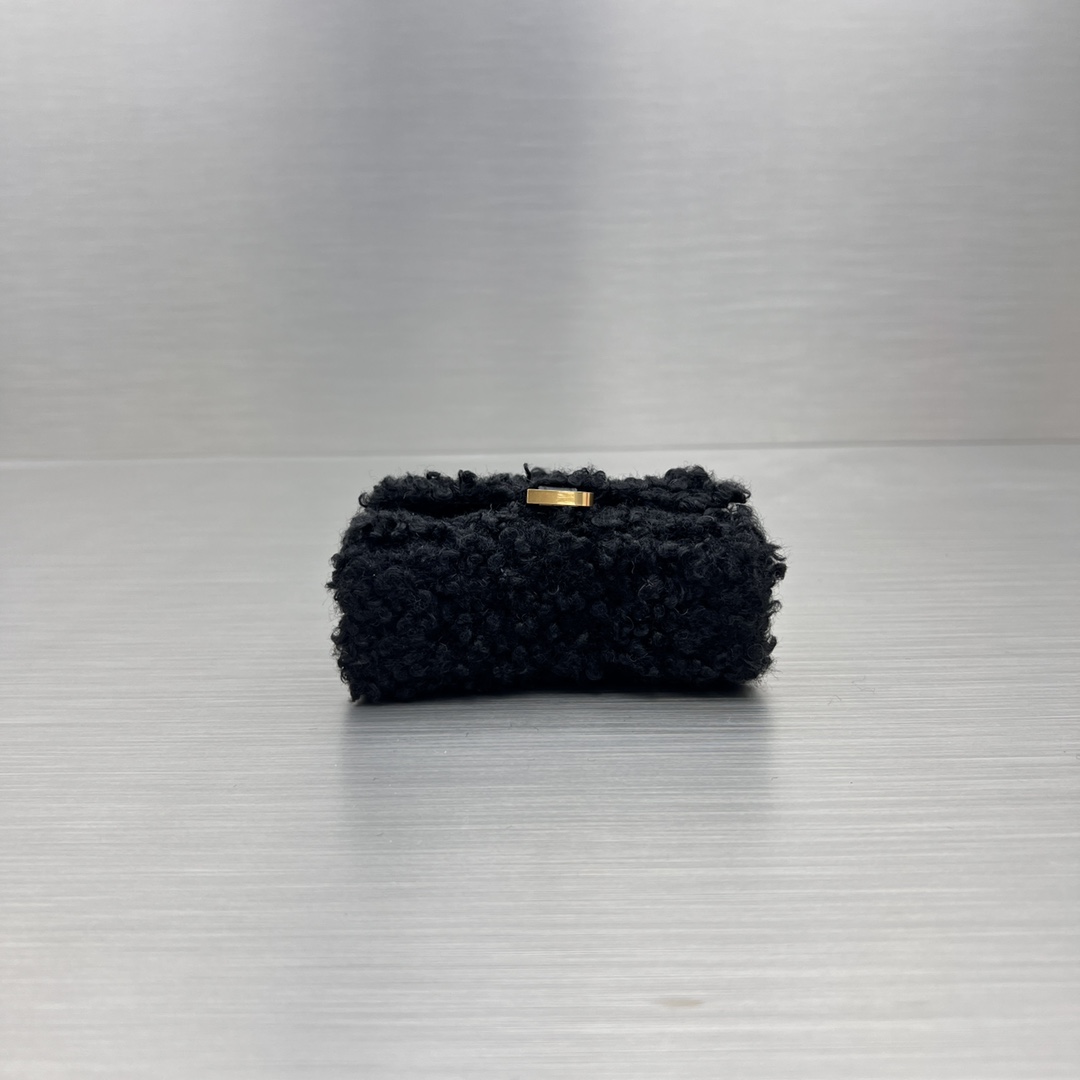 Bagsaaa Ba1en*iaga Mini Hourglass Furry Black Bag - 11.5x14x4.5cm