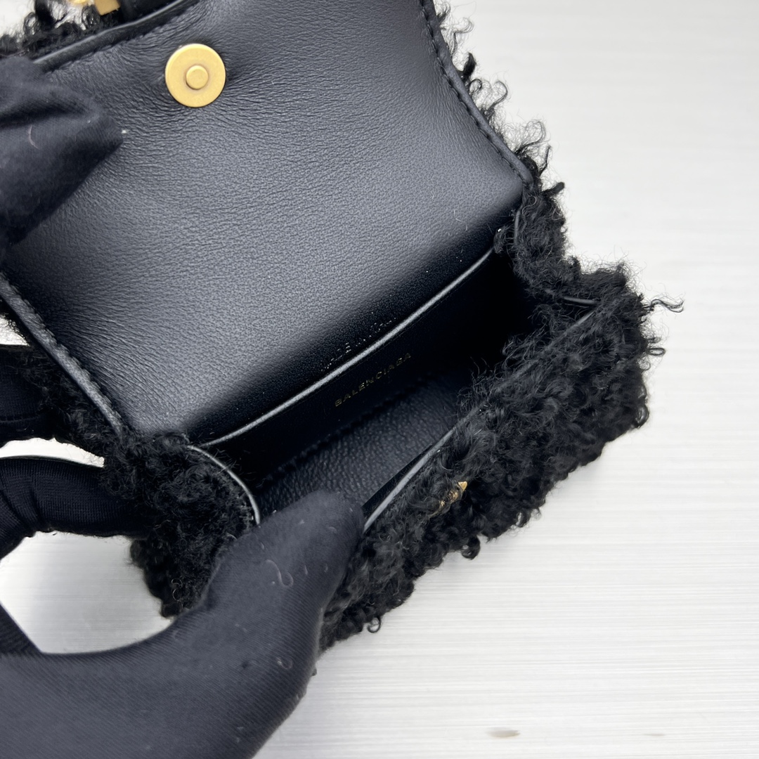 Bagsaaa Ba1en*iaga Mini Hourglass Furry Black Bag - 11.5x14x4.5cm