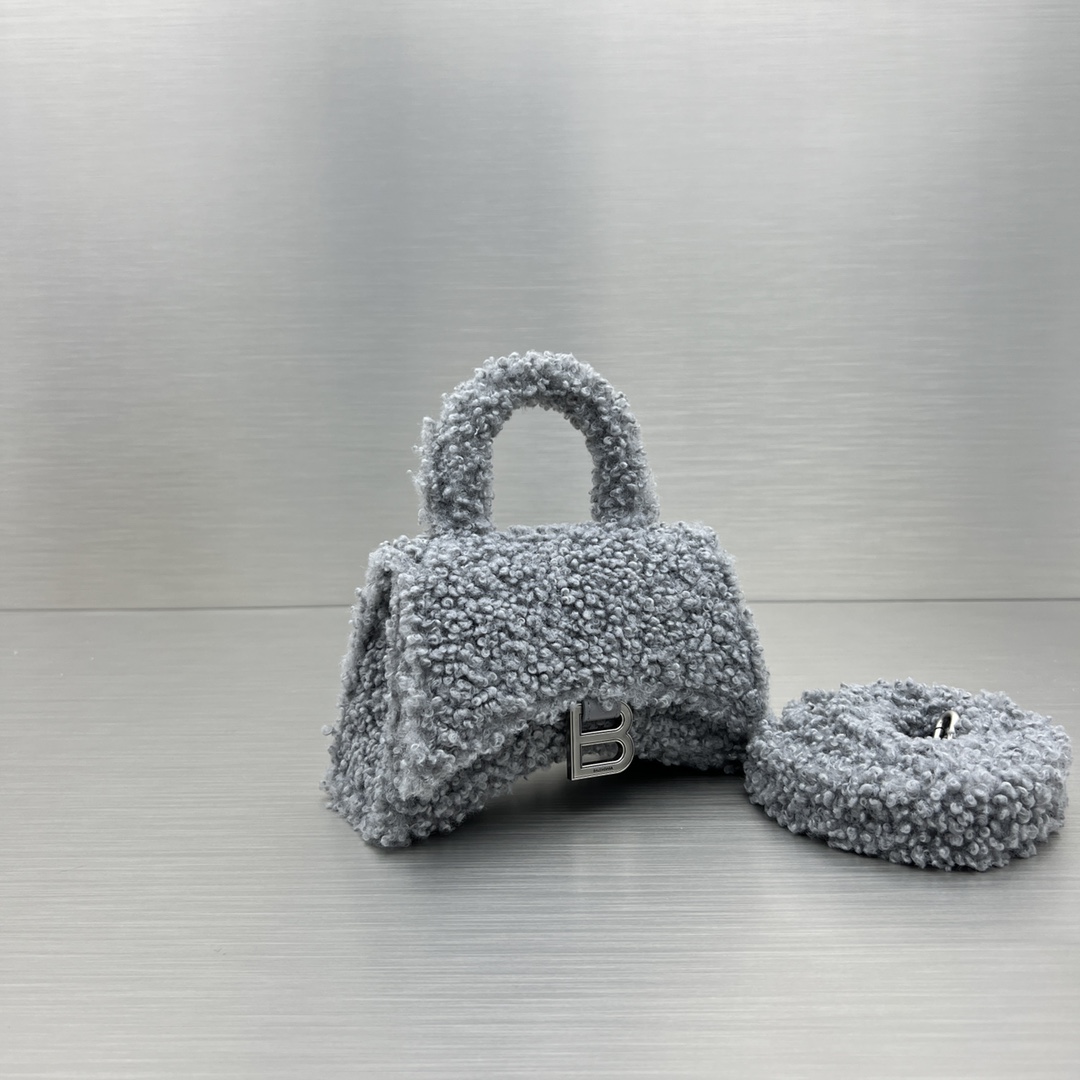 Bagsaaa Ba1en*iaga XS Hourglass Furry Grey Bag - 11.5x14x4.5cm