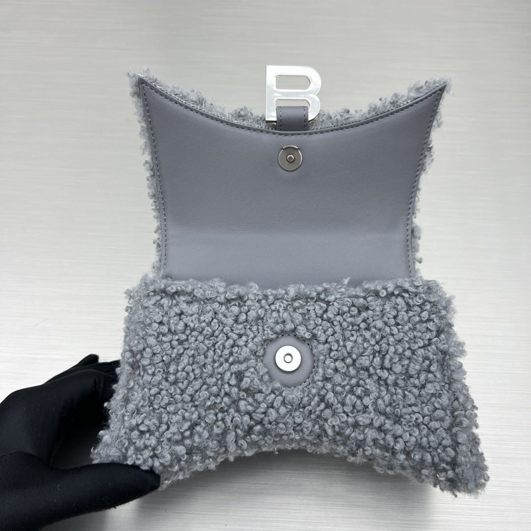 Bagsaaa Ba1en*iaga XS Hourglass Furry Grey Bag - 11.5x14x4.5cm
