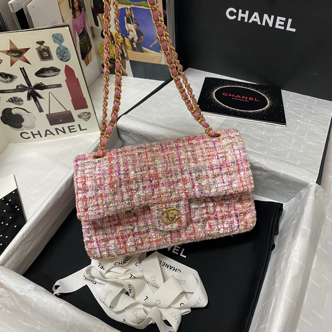Bagsaaa Ch**el Medium Flap Bag Tweed Pink Leather - 25cm
