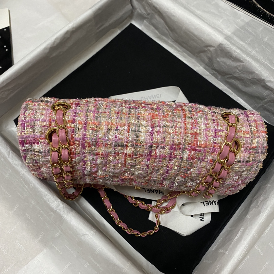 Bagsaaa Ch**el Medium Flap Bag Tweed Pink Leather - 25cm