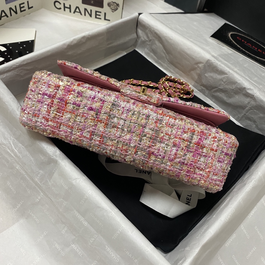 Bagsaaa Ch**el Medium Flap Bag Tweed Pink Leather - 25cm
