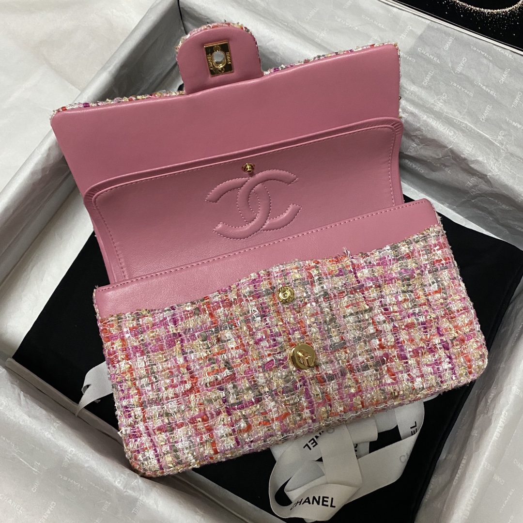 Bagsaaa Ch**el Medium Flap Bag Tweed Pink Leather - 25cm