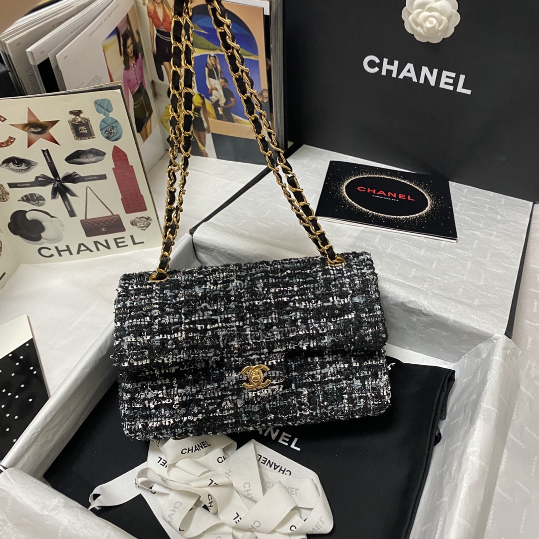 Bagsaaa Ch**el Medium Flap Bag Tweed Grey Leather - 25cm