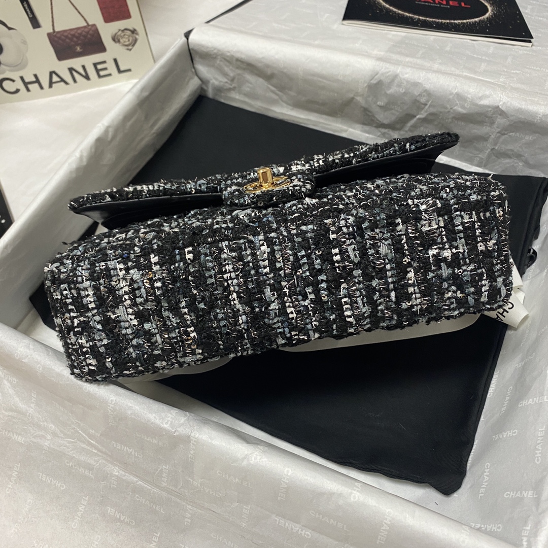 Bagsaaa Ch**el Medium Flap Bag Tweed Grey Leather - 25cm