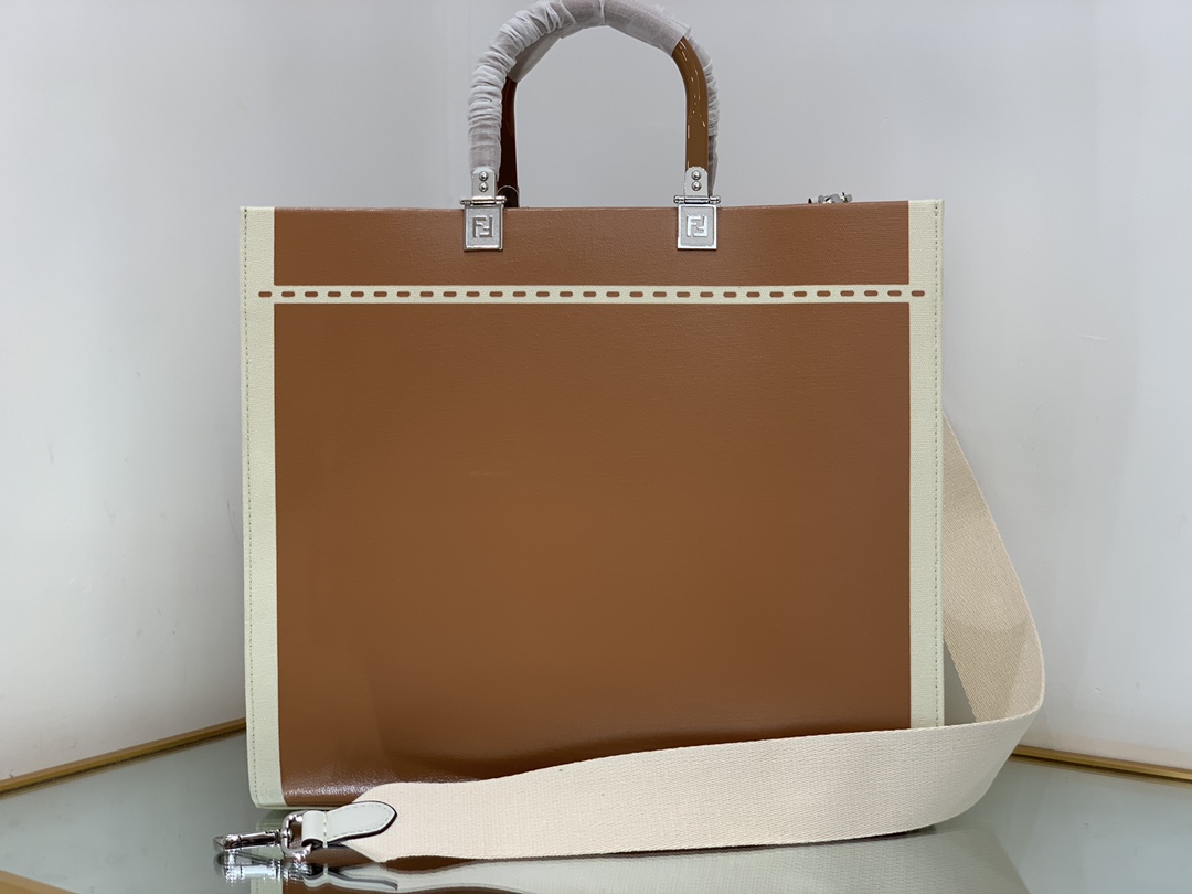 Bagsaaa F**di Sunshine Medium Canvas and brown patent leather shopper bag - 35x31x17cm