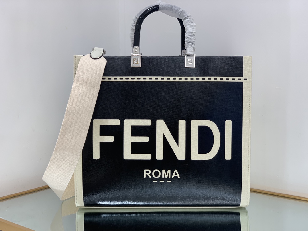 Bagsaaa F**di Sunshine Medium Canvas and black patent leather shopper bag - 35x31x17cm