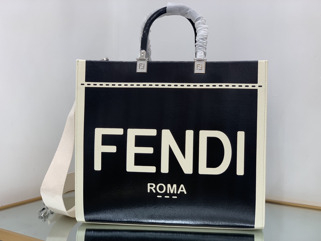 Bagsaaa F**di Sunshine Medium Canvas and black patent leather shopper bag - 35x31x17cm