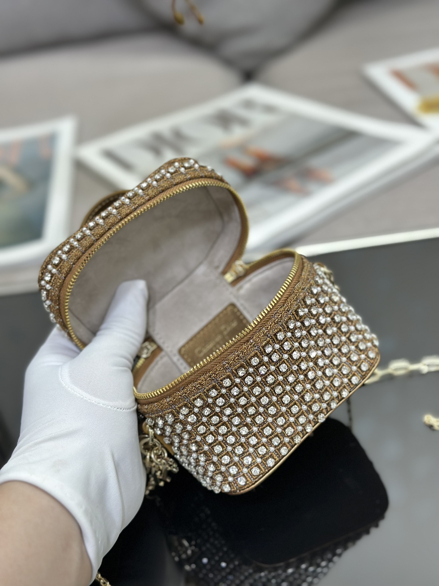 Bagsaaa D10r MICRO VANITY CASE Square-Pattern Embroidery Set with Strass and White Round Beads