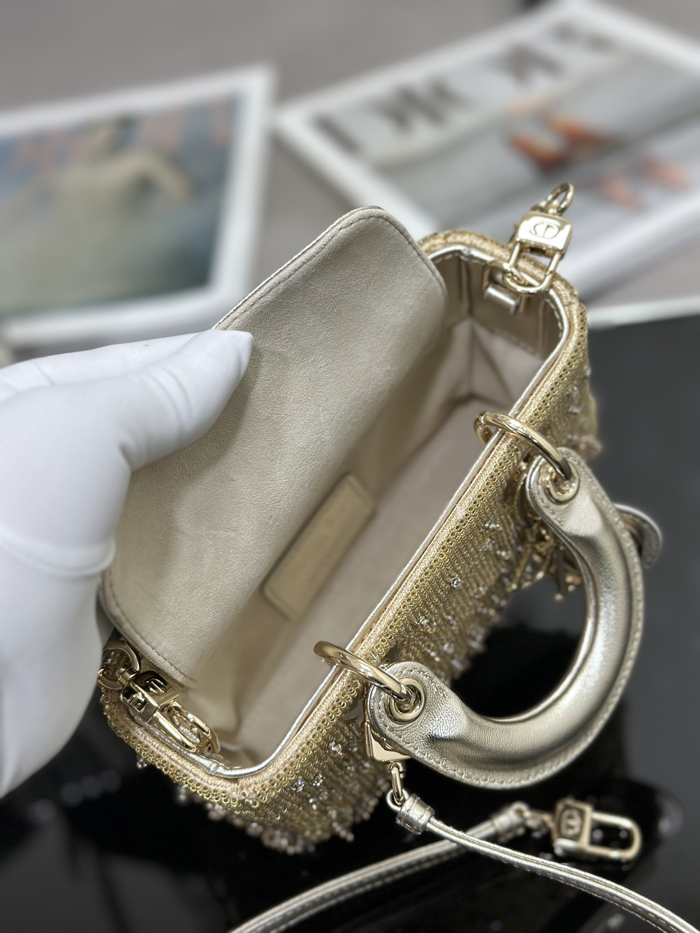 Bagsaaa D10r LAdy D-Joy Gold-Tone Satin with Gradient Bead Embroidery - 16 x 9 x 5 cm