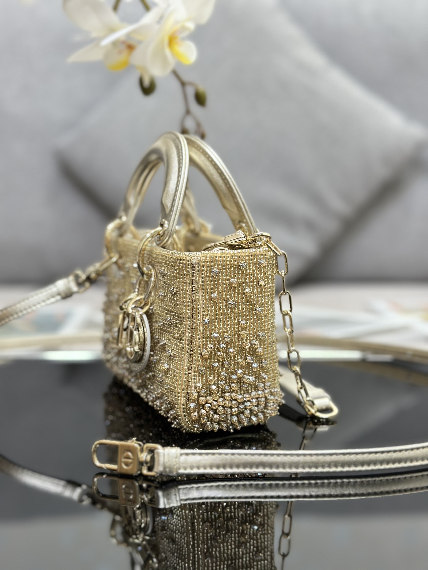 Bagsaaa D10r LAdy D-Joy Gold-Tone Satin with Gradient Bead Embroidery - 16 x 9 x 5 cm