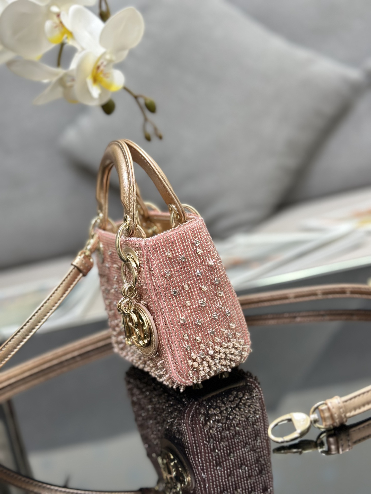Bagsaaa D10r Lady Micro Pink-Tone Satin with Gradient Bead Embroidery 12 x 10.2 x 5cm