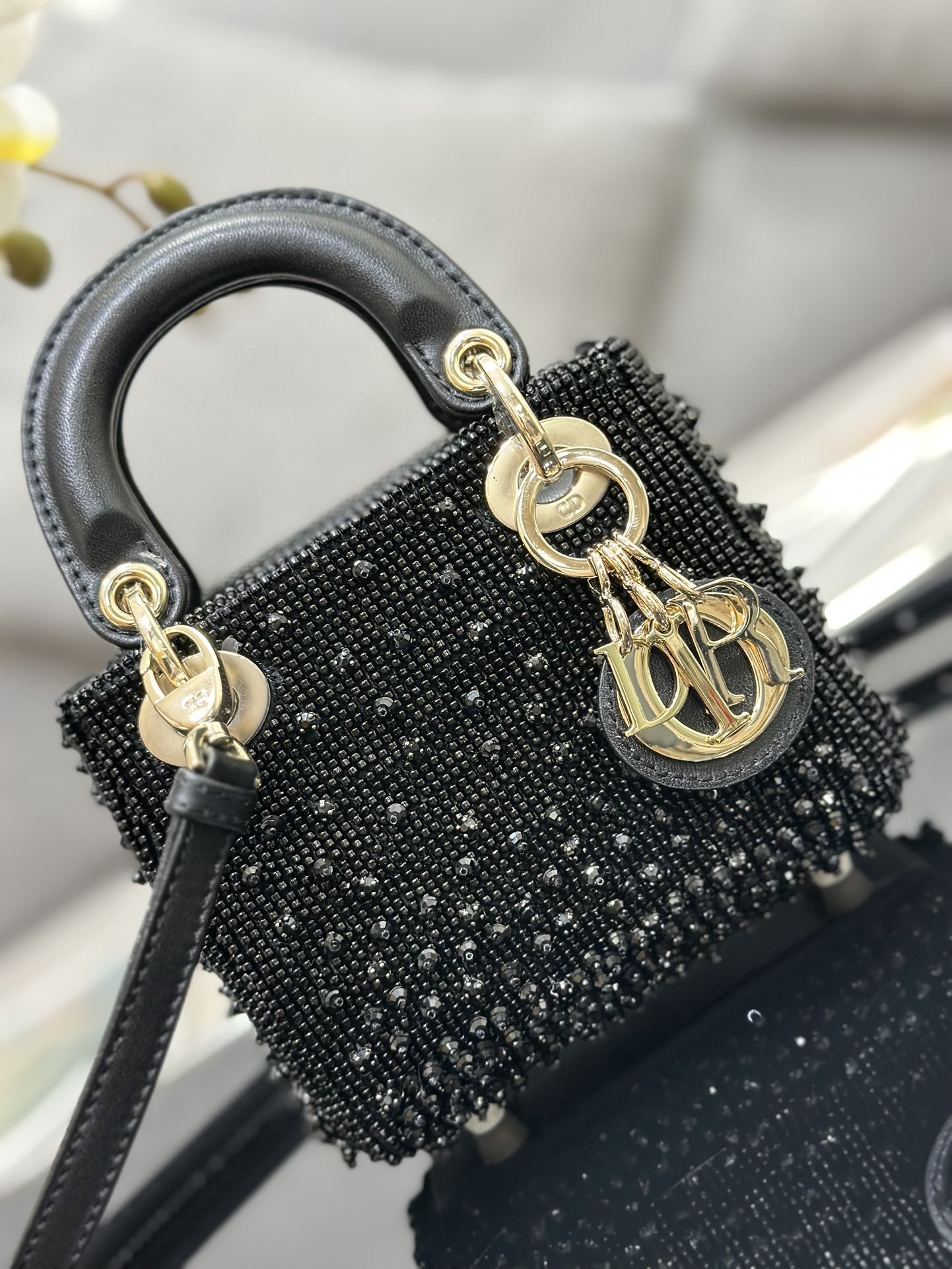 Bagsaaa D10r Lady Micro Black-Tone Satin with Gradient Bead Embroidery 12 x 10.2 x 5cm