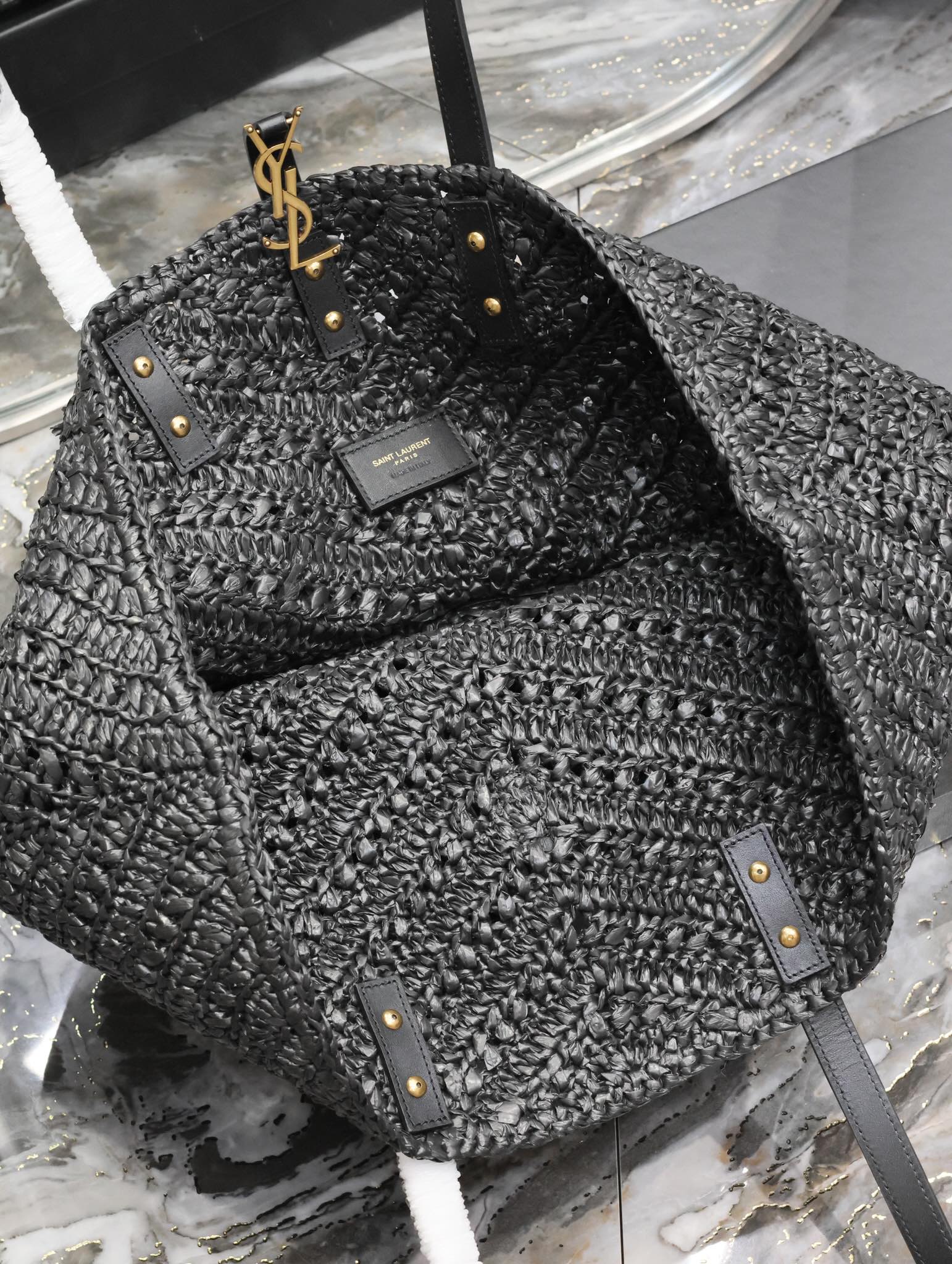 BAGSAAA Y51 PANIER MEDIUM IN RAFFIA AND VEGETABLE-BLACK LEATHER