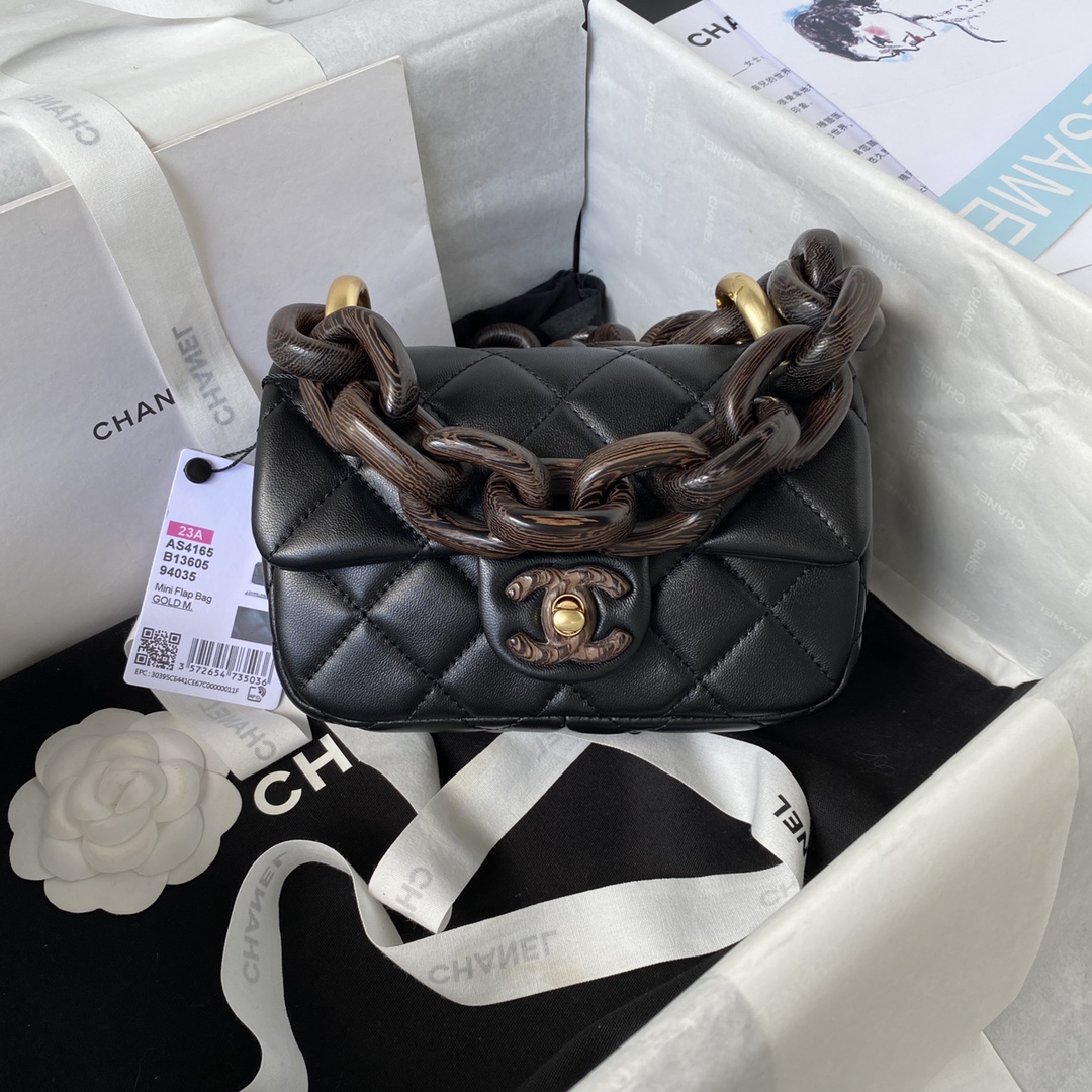 Bagsaaa Ch**el Flap Bag With Wooden Strap - 11X18X7cm