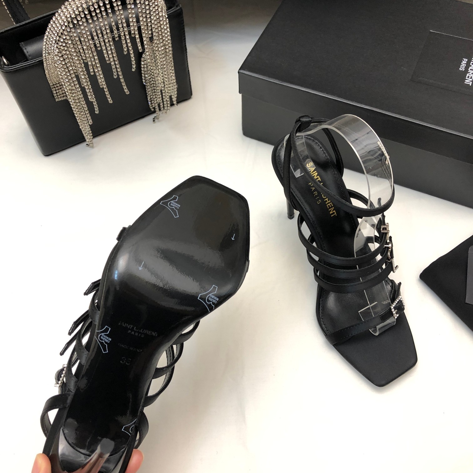 Bagsaaa Y51 Jerry embellished satin black sandals