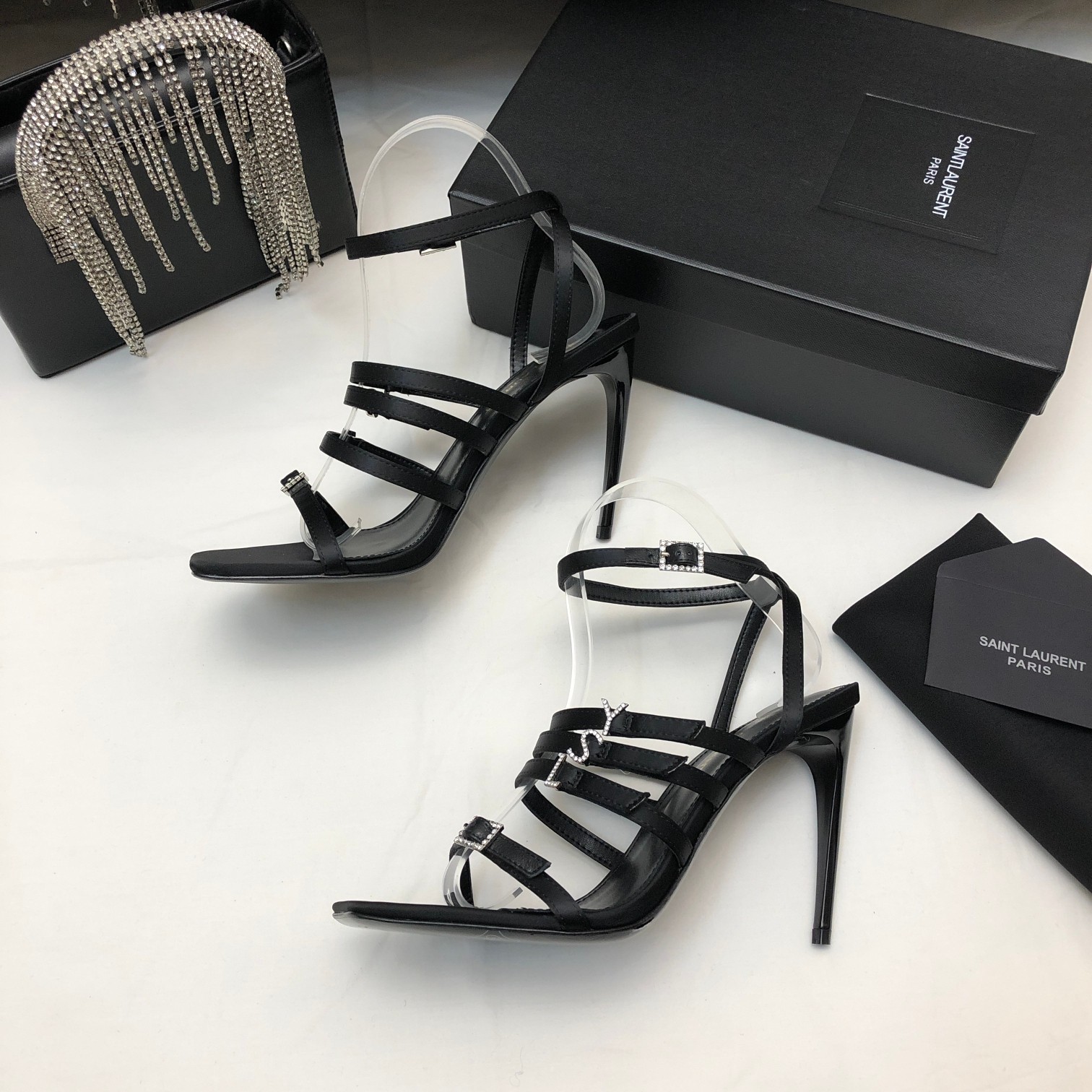 Bagsaaa Y51 Jerry embellished satin black sandals