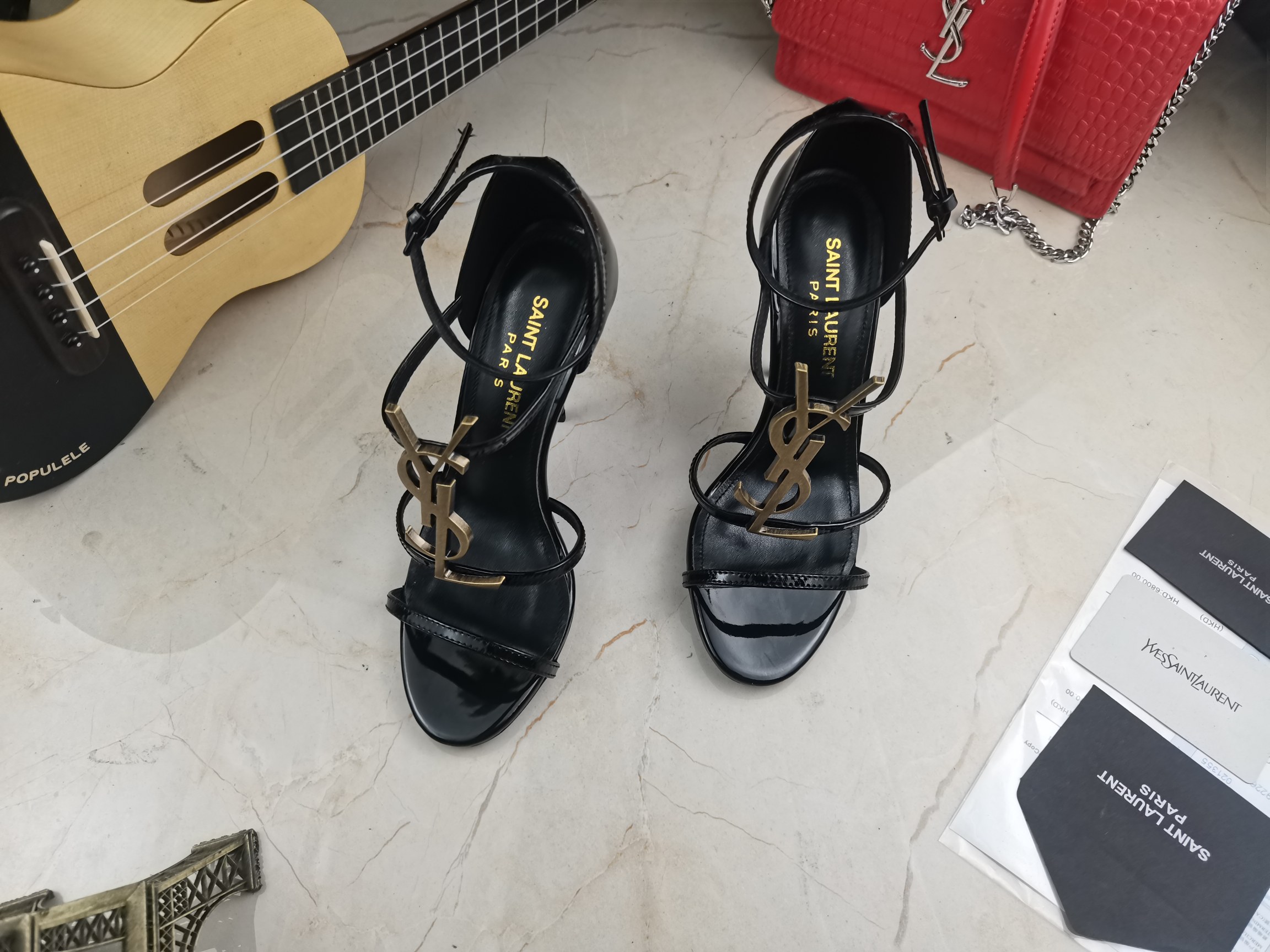 Bagsaaa Y51 Cassandra 100 black patent leather sandals heels