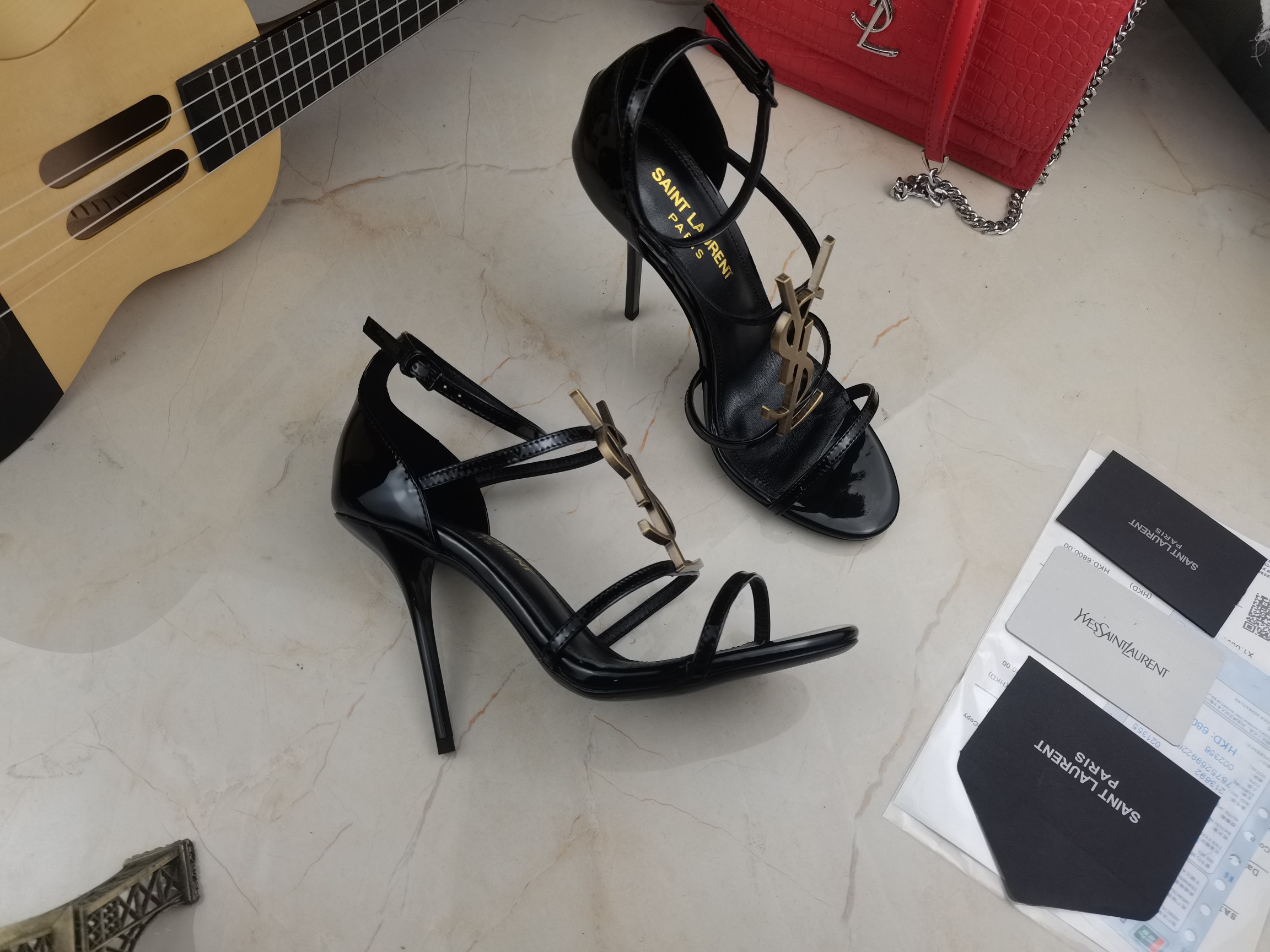 Bagsaaa Y51 Cassandra 100 black patent leather sandals heels