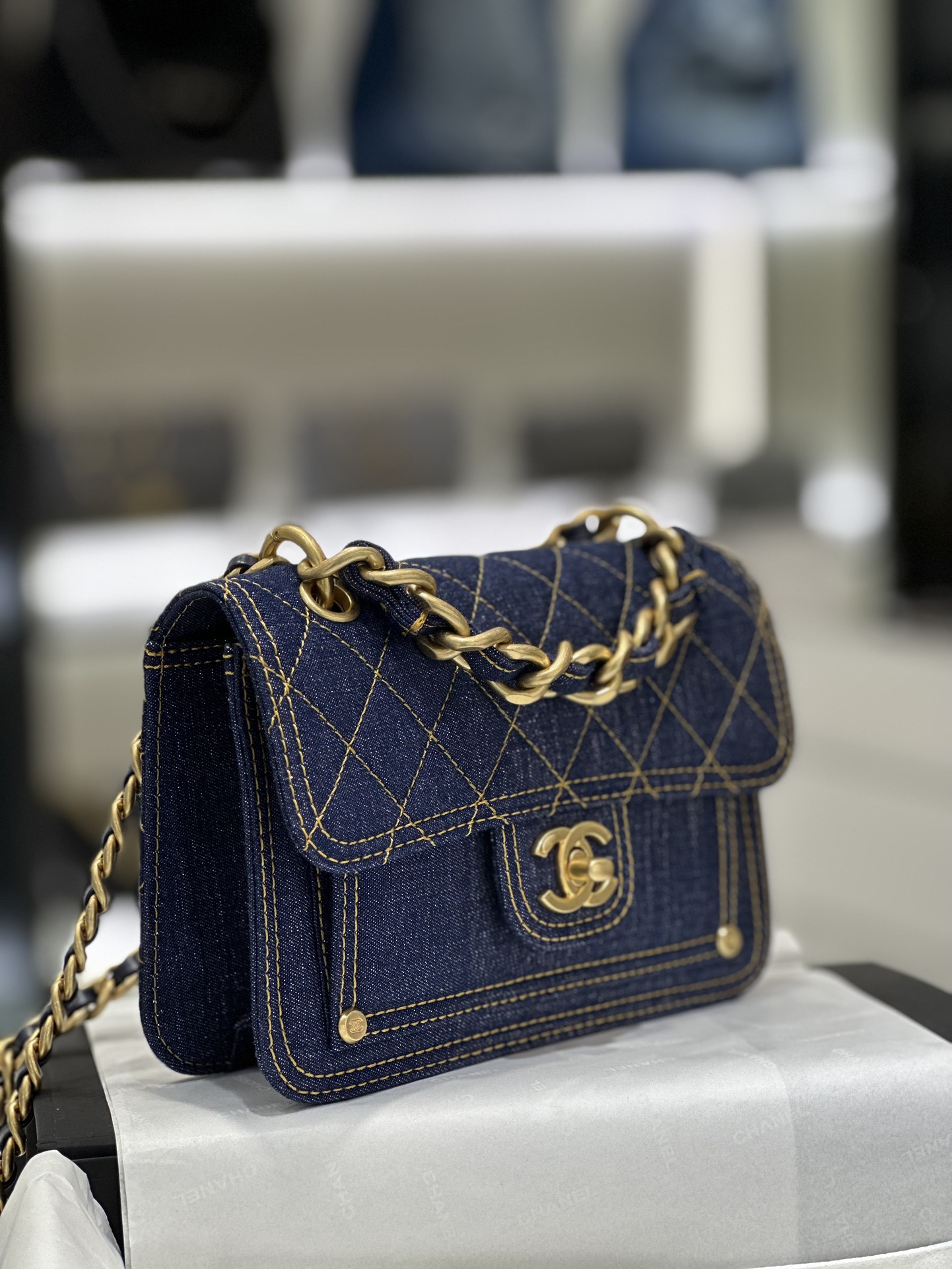 Bagsaaa Ch**el Flap Denim Blue Bag - 19x14x5cm