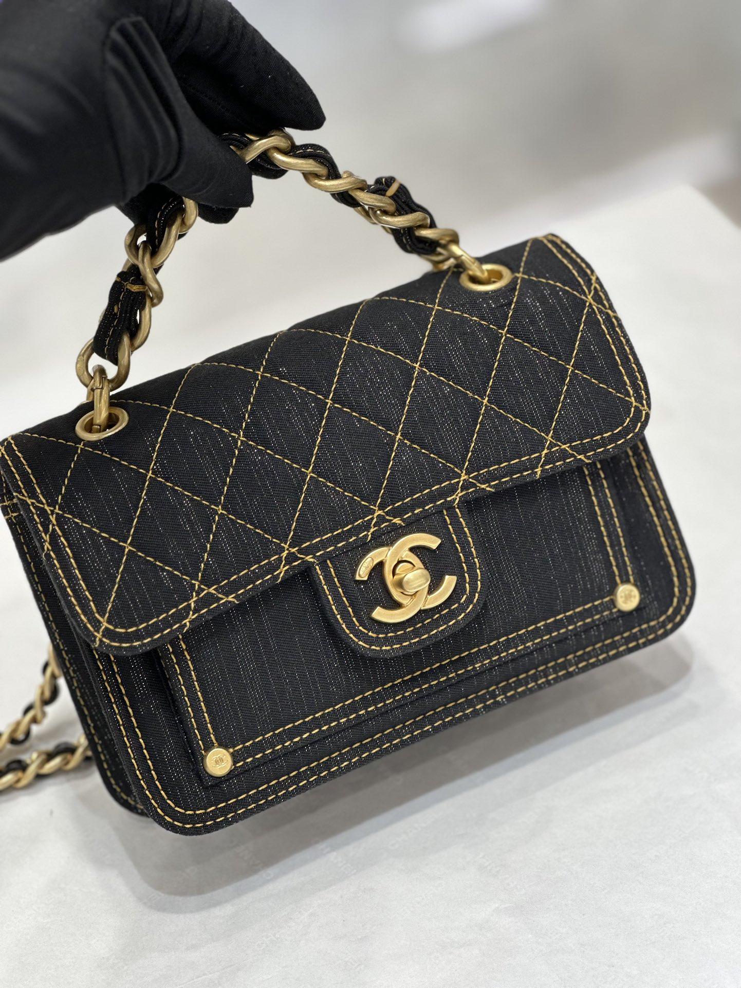 Bagsaaa Ch**el Flap Denim Black Bag - 19x14x5cm