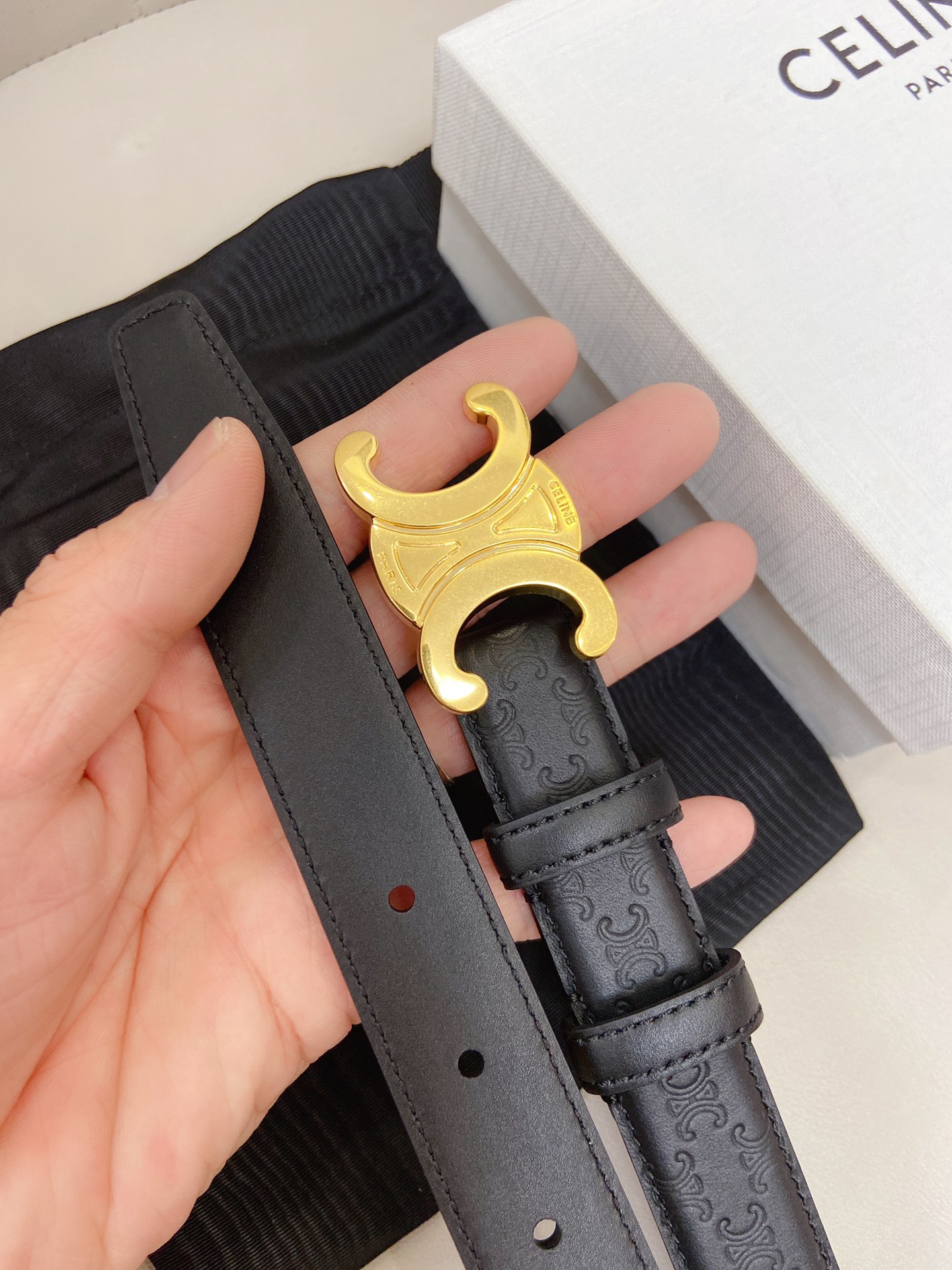 Bagsaaa Ce1i*e Black Triomphe Monogram Belt 2.5cm