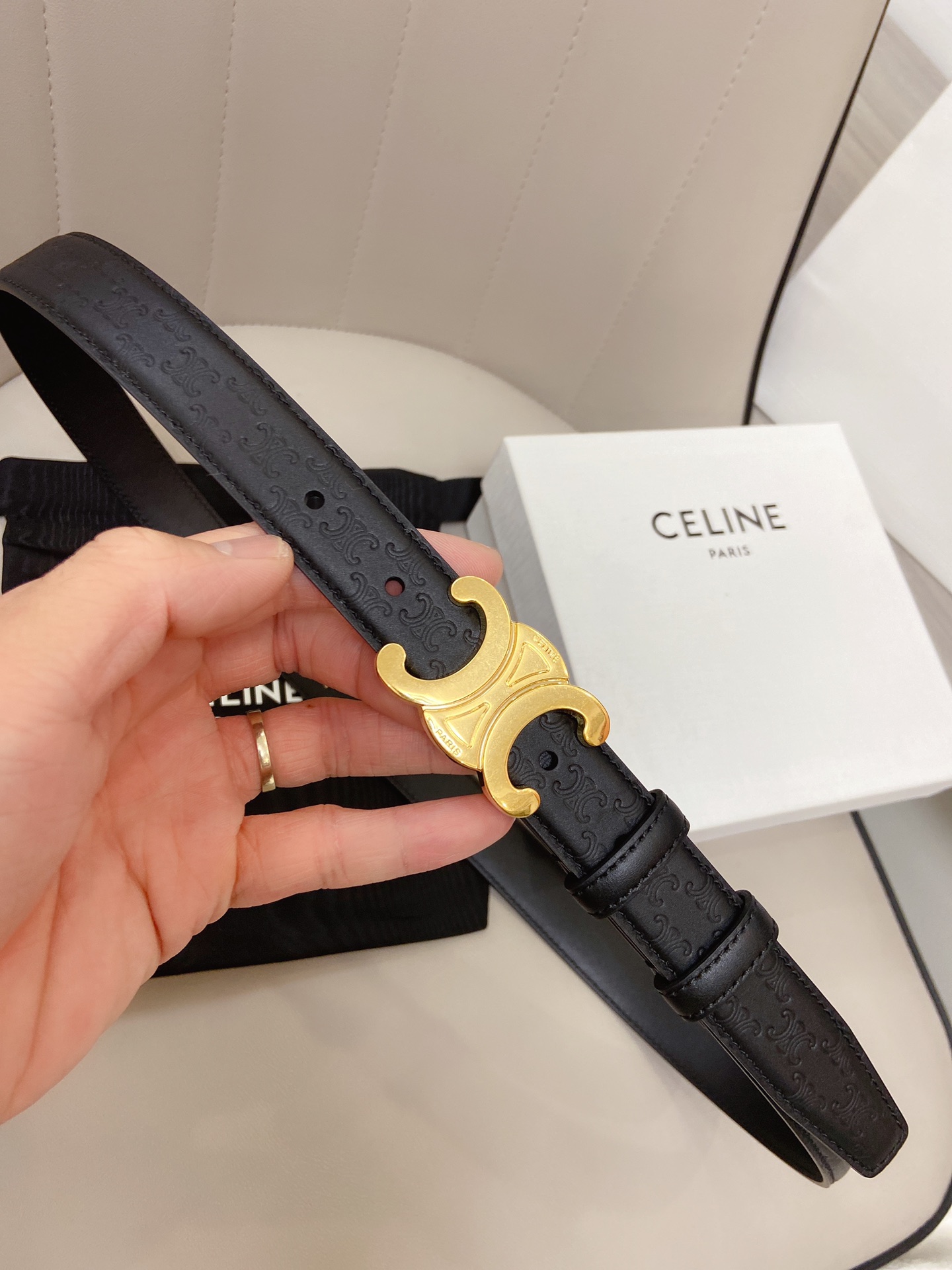 Bagsaaa Ce1i*e Black Triomphe Monogram Belt 2.5cm 