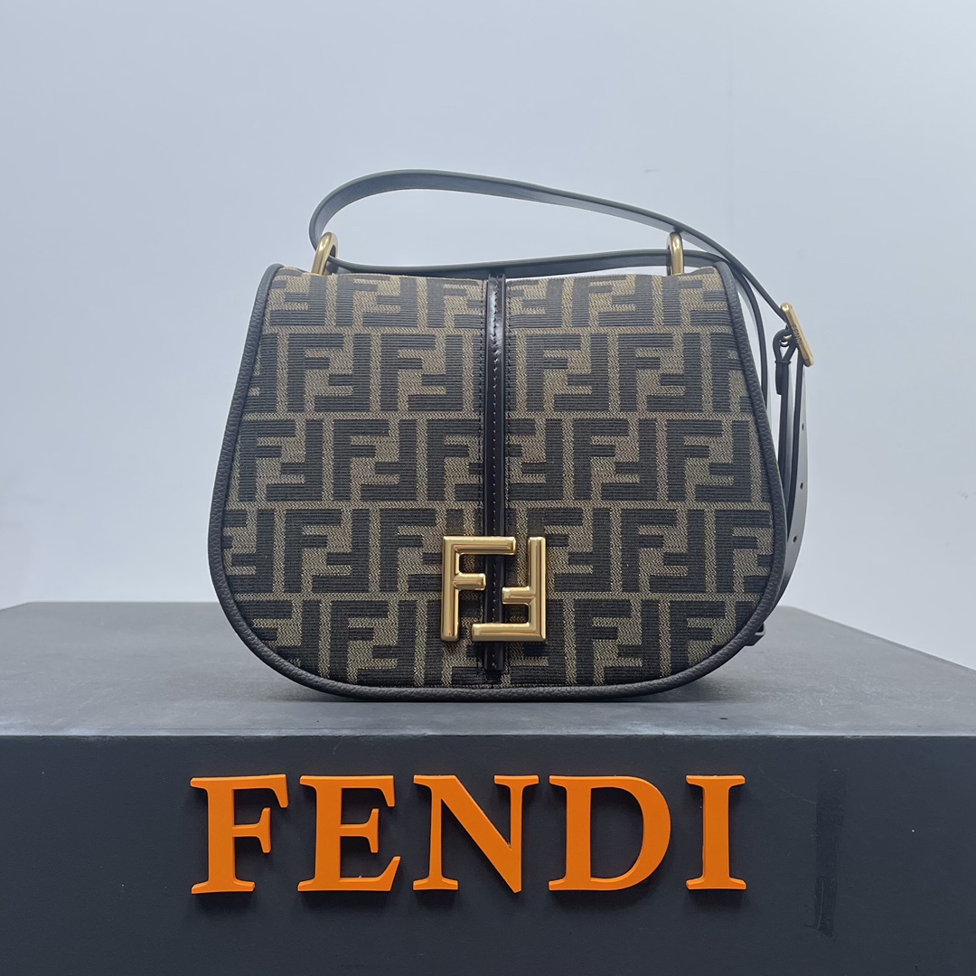 Bagsaaa F**di Cmon Brown FF jacquard fabric and leather bag - 25x20x7cm