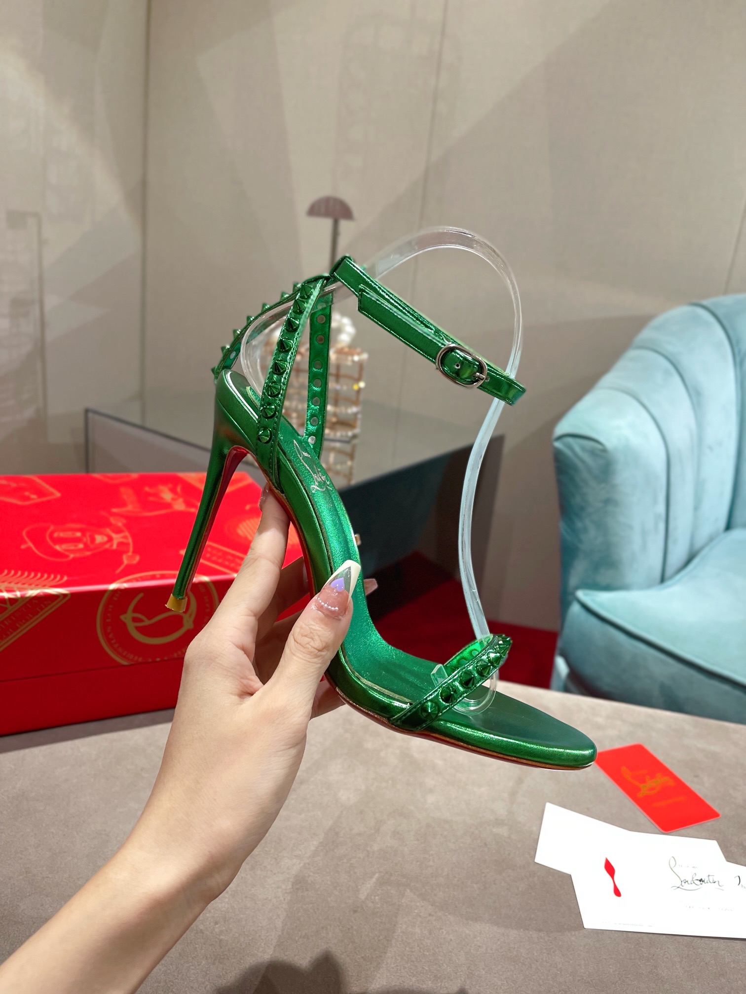 Bagsaaa Chr1st1an LOUBOUTIN So Me Spike 100 Metallic Green Leather Heels