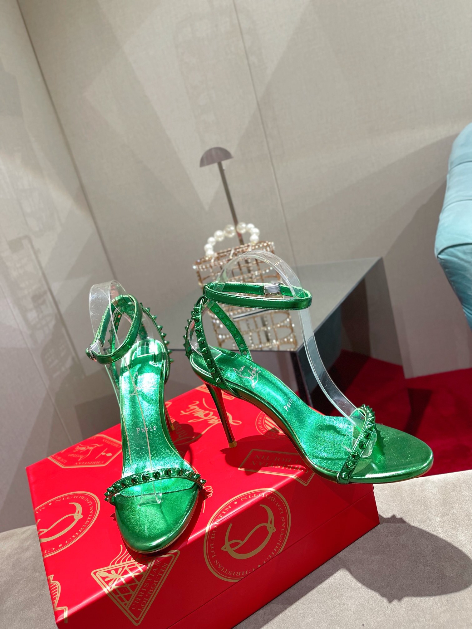 Bagsaaa Chr1st1an LOUBOUTIN So Me Spike 100 Metallic Green Leather Heels