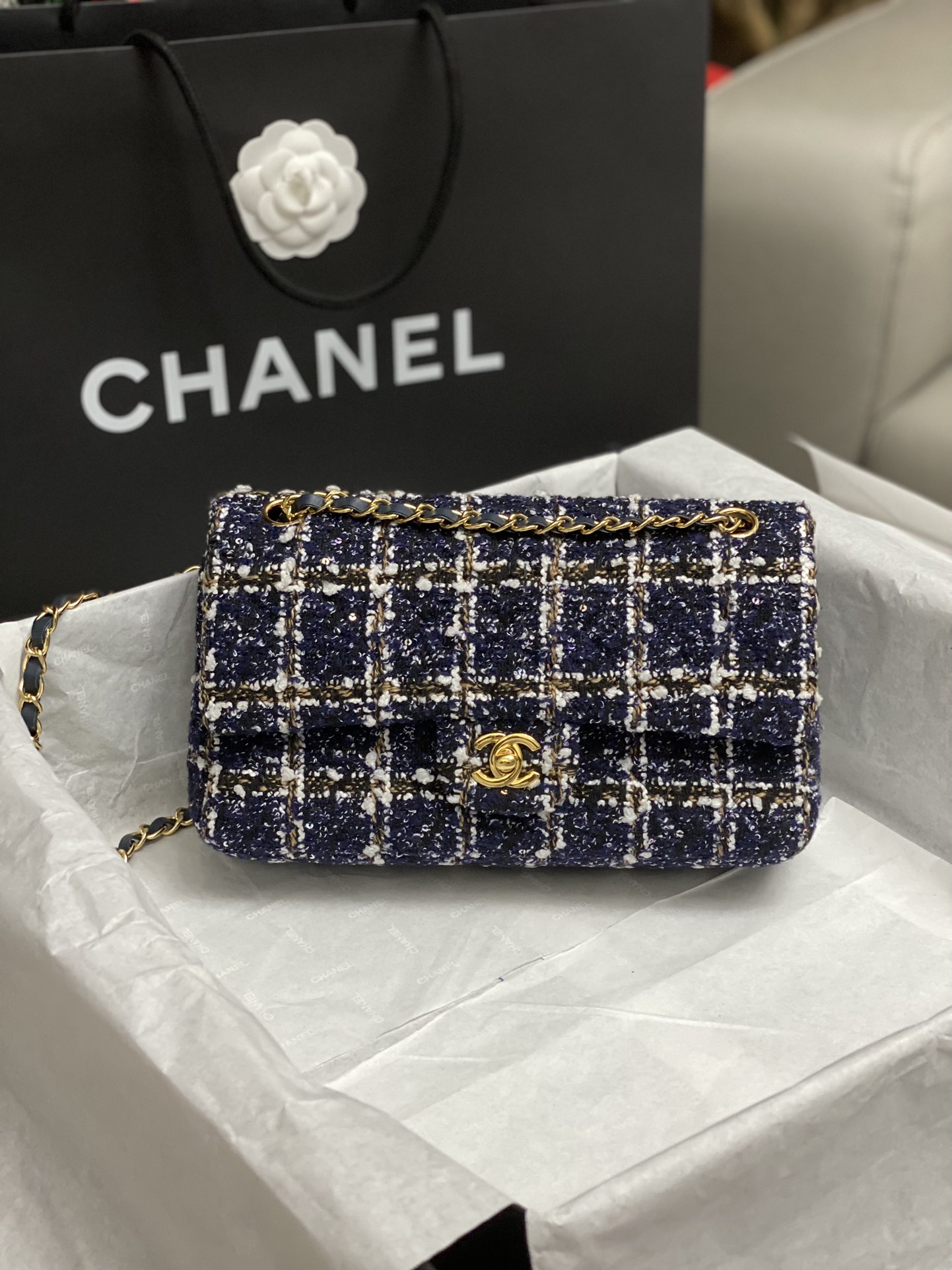 Bagsaaa Ch**el Tweed Flap Bag Blue, Gold and White - 25cm