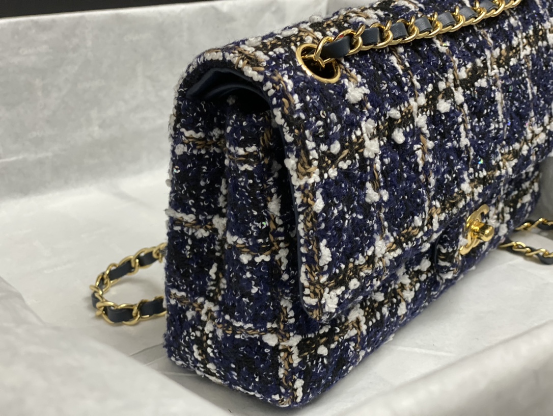 Bagsaaa Ch**el Tweed Flap Bag Blue, Gold and White - 25cm