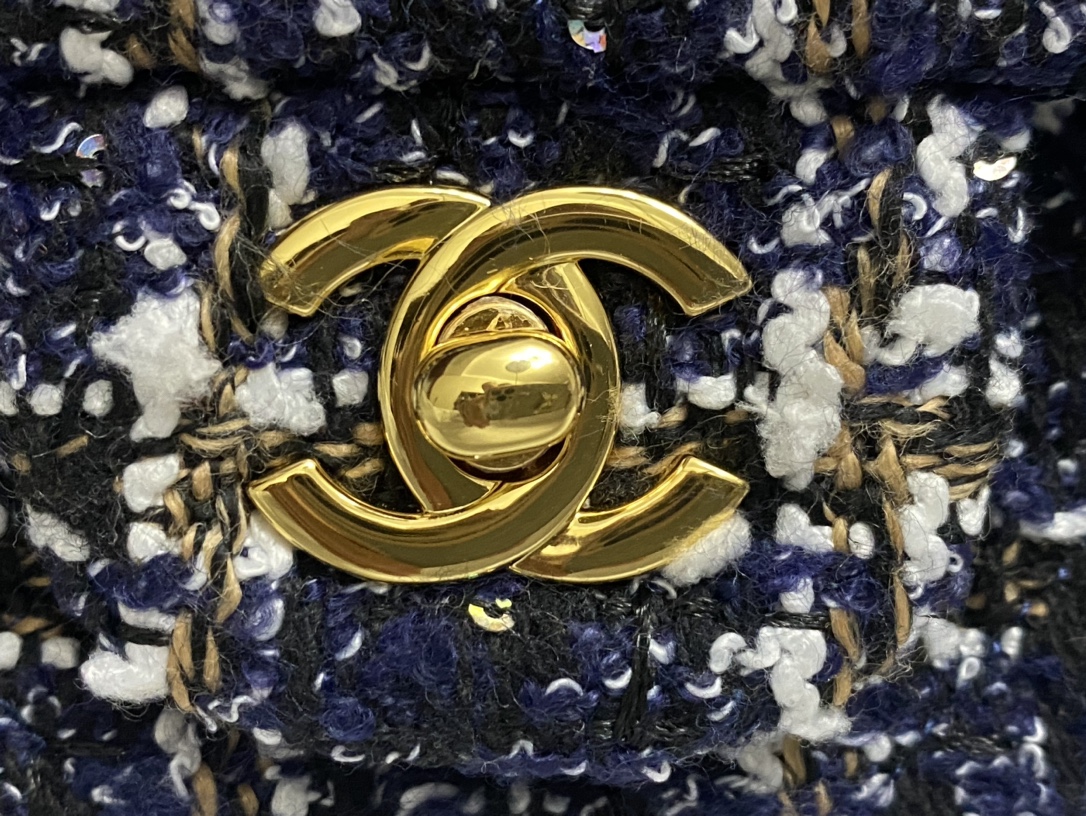 Bagsaaa Ch**el Tweed Flap Bag Blue, Gold and White - 25cm