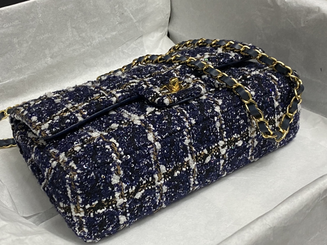 Bagsaaa Ch**el Tweed Flap Bag Blue, Gold and White - 25cm