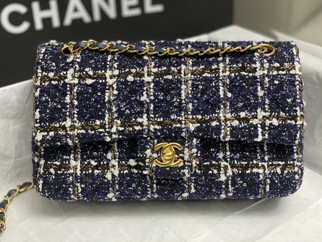 Bagsaaa Ch**el Tweed Flap Bag Blue, Gold and White - 25cm