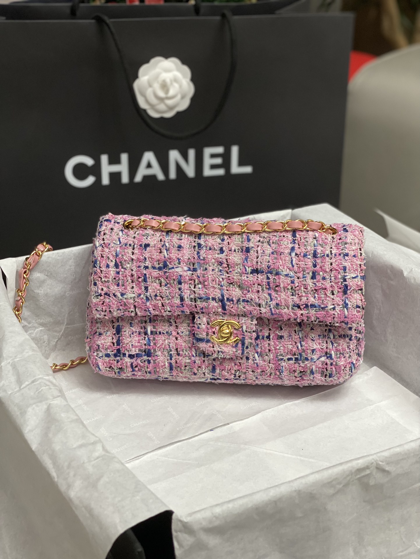 Bagsaaa Ch**el Tweed Flap Bag Pink and Blue - 25cm