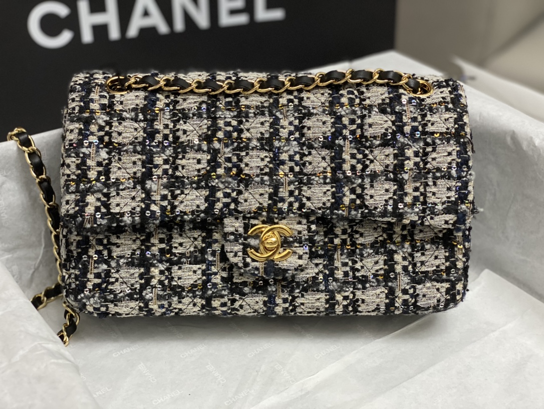 Bagsaaa Ch**el Tweed Flap Bag Black, Blue and Cream - 25cm