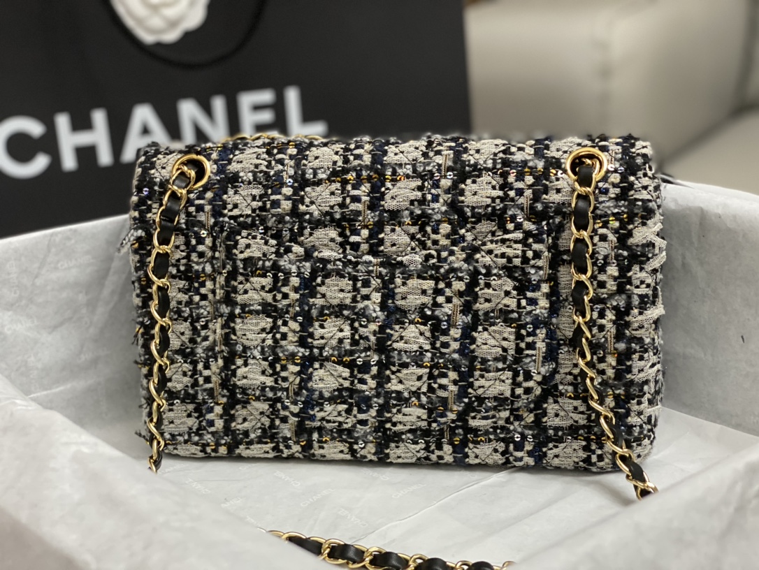 Bagsaaa Ch**el Tweed Flap Bag Black, Blue and Cream - 25cm