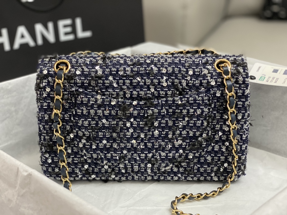 Bagsaaa Ch**el Tweed Flap Bag Blue and Flower - 25cm